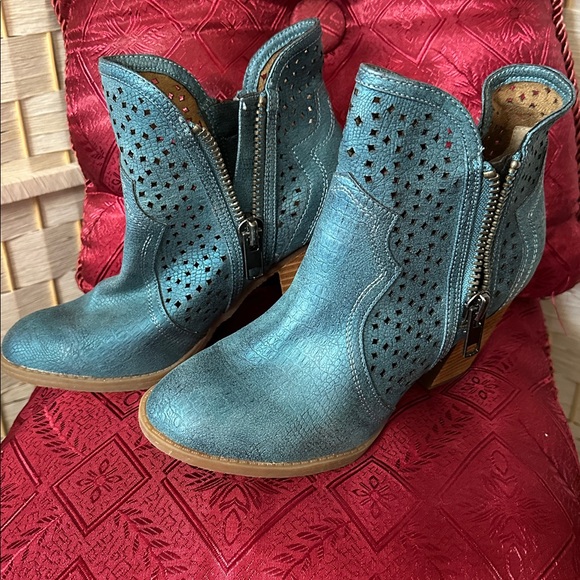 Teal Perforated Ankle Boots - Picture 2 of 5